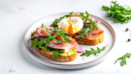 Two savory toasts, with toppings including egg, greens, ham, and onion on a white plate