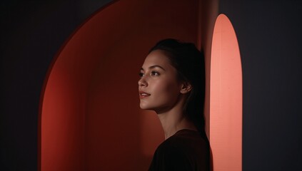 Contemplative young woman bathed in warm red light from an arched alcove, showcasing an elegant silhouette and a thoughtful expression.