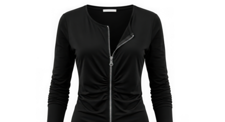 Black long sleeve top with silver zipper isolated on transparent background