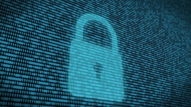 Digital lock icon security hologram of virtual Concept of finance data privacy protection code key cryptographic binary.