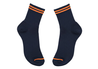 Isolated pair of cotton sport socks. Blue short socks with orange stripes. Activewear