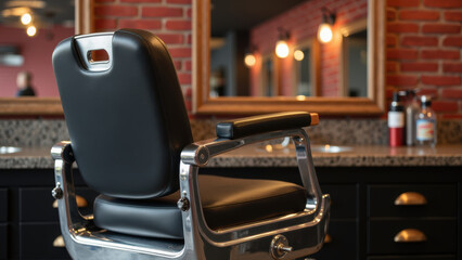 Stylish barber chair in modern salon setting, featuring brick walls and elegant lighting, creates welcoming atmosphere for grooming