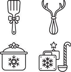 Christmas Kitchen Tools Spatula, Whisk, Pot Lid, and Candy-Cane Ladle Black and White Vector eps