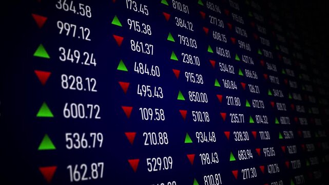Digital screen stock market ticker showing prices red green arrows up down in percentage volatility investment trading real time dolly camera shot.