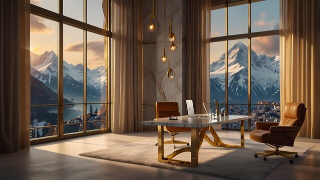 Luxury interior design of a hotel room with a stunning night view of the city and nobody inside