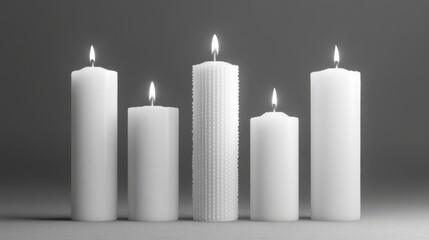 Five lit white candles: textured and smooth cylinders