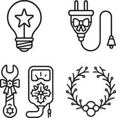 Christmas Electrical Items Light Bulb, Plug, Multimeter, and Coiled Wire Wreath Black and White Vector eps