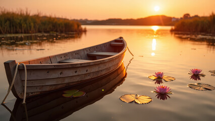 Serene boat floats on calm water, surrounded by vibrant lily pads and flowers, as sun sets, casting warm glow over landscape