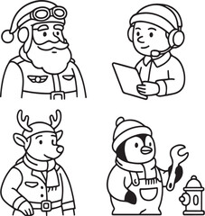 Christmas Aviation Characters Santa Pilot, Elf Air-Traffic Controller, Reindeer Co-Pilot, and Penguin Mechanic  Black and White Vector eps