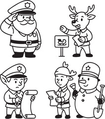 Christmas Law Icons Santa Officer, Reindeer Traffic Director, Elf Writing Ticket, and Snowman Guard Black and White Vector eps