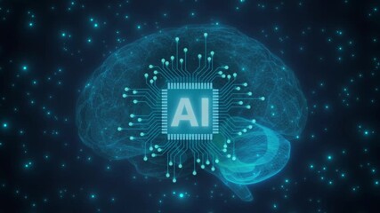 AI brain chip digital circuit semiconductor icon animetion glowing blue digital brain Artificial intelligence concept Brain circuit board hologram grid. - Powered by Adobe