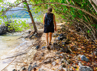 Female Hiker on The Secret Island Trail, Kāne'ohe Bay, Kualoa Point State Recreation Area, Oahu, Hawaii, USA