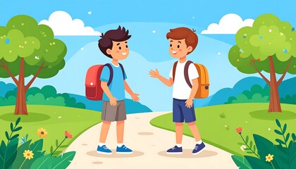 Two schoolboys conversing on a path in a park setting with trees, sky, and greenery. Cartoon illustration of friendship and childhood