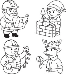 Christmas Construction Workers  Santa Builder, Elf Mason, Snowman Electrician, and Reindeer with Helmet  Black and White Vector eps