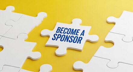 Become a sponsor white puzzle piece on a vibrant yellow background.