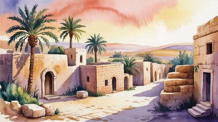 Watercolor illustration of ancient Bethlehem with warm sunset light and detailed textures