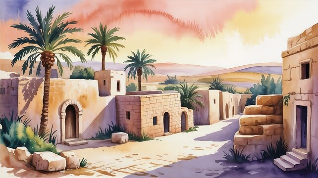 Watercolor illustration of ancient Bethlehem with warm sunset light and detailed textures