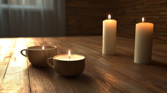 Wooden candle holders with lit candles on rustic table