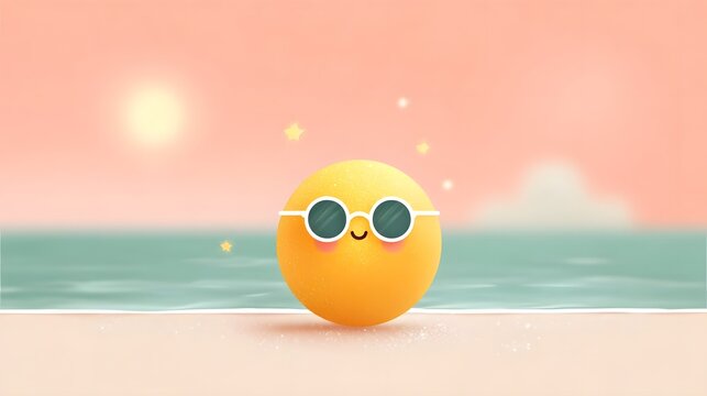 A charming cartoon sun character with sunglasses and rosy cheeks sits on a sandy beach enjoying a bright warm summer day by the serene ocean under a pastel sky