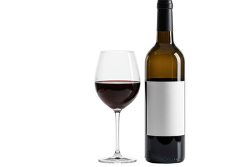 Isolated Red Wine Glass with Bottle, Alcoholic Drink in Clear Glassware and Blank Label