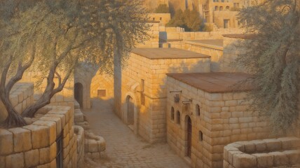 Oil painting of the ancient city of Bethlehem in warm evening light showcasing detailed architecture
