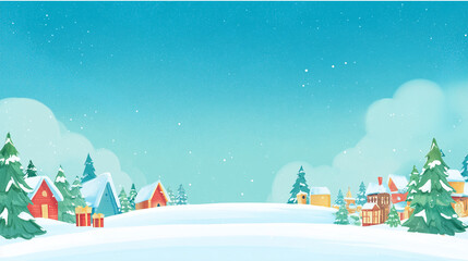 Ilustra&ccedil;&atilde;o de paisagem de inverno com casas e &aacute;rvores cobertas de neve sob c&eacute;u estrelado, criando atmosfera calma e natalina para materiais sazonais e decorativos