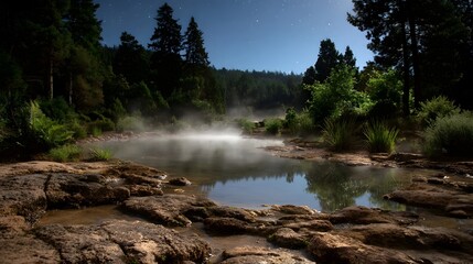 Moonlit night over a steaming pond with rock pools and evergreen trees creating an ethereal and tranquil landscape