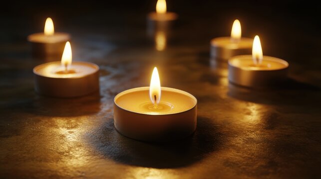 Warm, glowing tealight candles illuminated in a dark, atmospheric setting