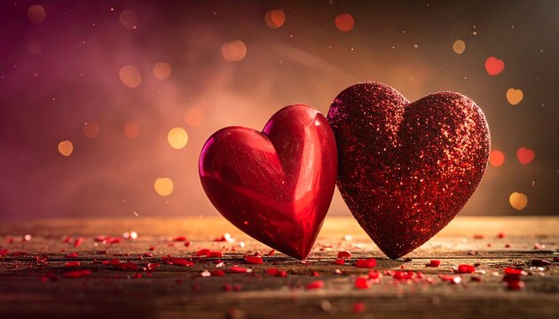 Two vibrant red hearts, one smooth, one glittery, rest on a wooden surface against a bokeh background, symbolizing love and romance
