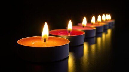 A row of warm, glowing tea lights in orange and red hues