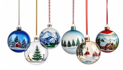 Obraz premium Christmas ornaments hanging over white background. Composition of Christmas tree decorations