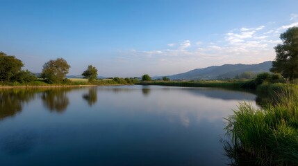 Obraz premium A serene lake reflects the clear blue sky and surrounding green hills and trees under soft daylight