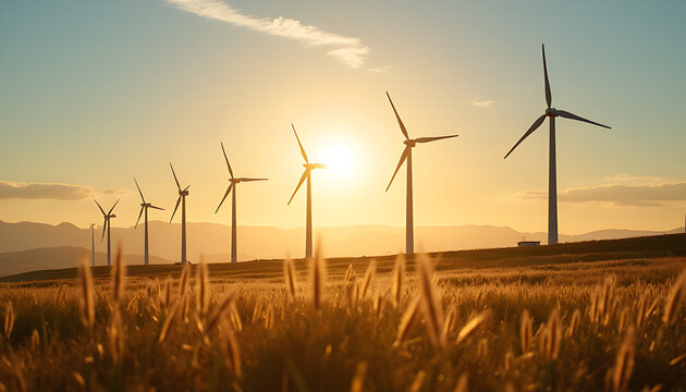 Wind turbines in golden light – symbol of clean future
