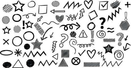 Collection of hand drawn doodle elements stars hearts arrows circles shapes and symbols on white background