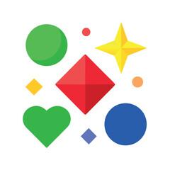 Colorful, cartoonish icons of a yellow star, a red heart, a blue diamond, and a green triangle, all on a white background.