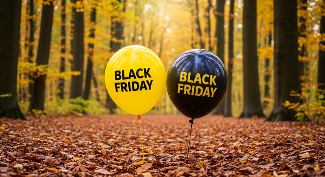 Yellow and black balloons in the park with the inscriptions Black Friday
