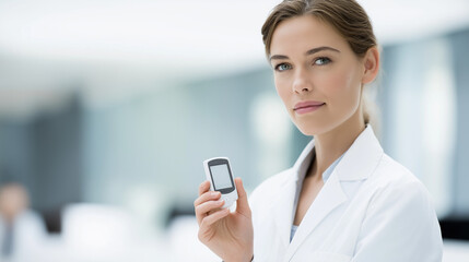 Young female doctor holding medical device in modern clinic.  Doctor holding glucometer  