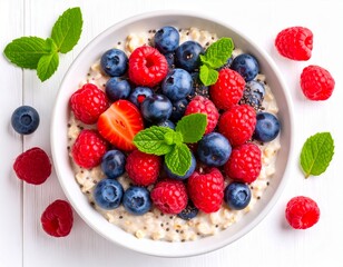 Fresh Oatmeal Bowl Topped with Chia Seeds and Assorted Berries on a White Background