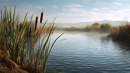 Obraz premium Tranquil morning mist rises over a calm water basin with cattails and reeds