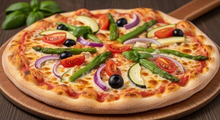 Pizza with Bell Peppers, Olives, Tomatoes, Veggie
