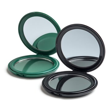 Two open and closed round compact mirrors with green and black frames