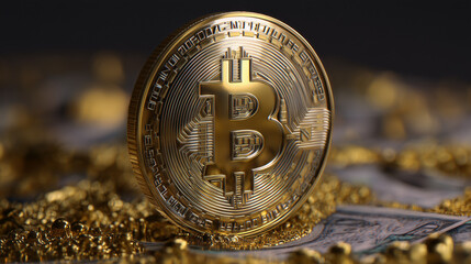 Close de moeda bitcoin dourada sobre superfície brilhante, representando finanças modernas, criptoativos, segurança digital e valorização de ativos no mercado