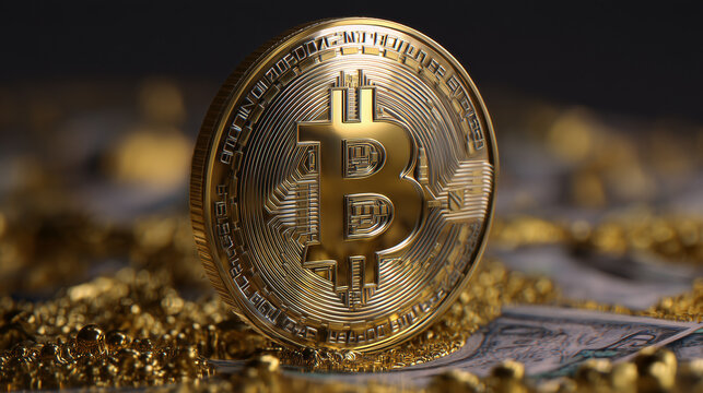 Close de moeda bitcoin dourada sobre superfície brilhante, representando finanças modernas, criptoativos, segurança digital e valorização de ativos no mercado
