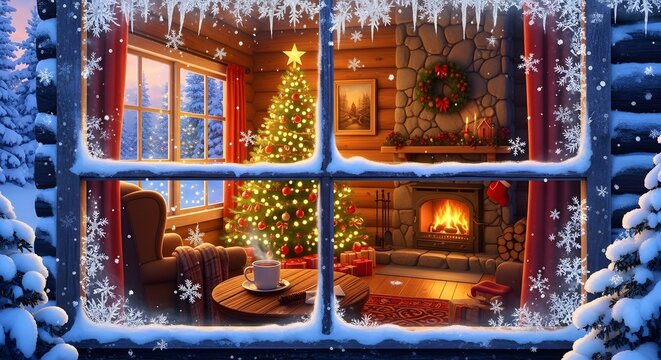 Cozy christmas scene through a snow covered window with a decorated tree and fireplace in a rustic cabin