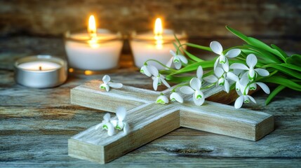 Snowdrop flowers and lit candles adorning a wooden cross, symbolic still life