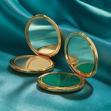 Elegant gold compact mirrors with green accents on teal silk fabric