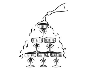Coquette glasses tower and champagne bottle, whimsical sketch for party invitation, vector doodle illustration
