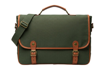 Isolated olive-green satchel bag with brown leather trim and adjustable strap, business casual