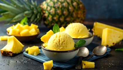 Two scoops of yellow sorbet in bowls, adorned with mint sprigs and pineapple chunks. A whole pineapple is visible behind