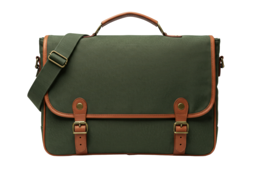 Isolated olive-green satchel bag with brown leather trim and adjustable strap, business casual